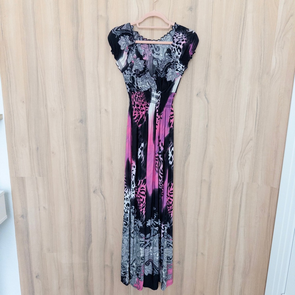 Boho Maxi Dress Small‎ Pink Black Mixed Animal Paisley Smocked Y2K Whimsigoth